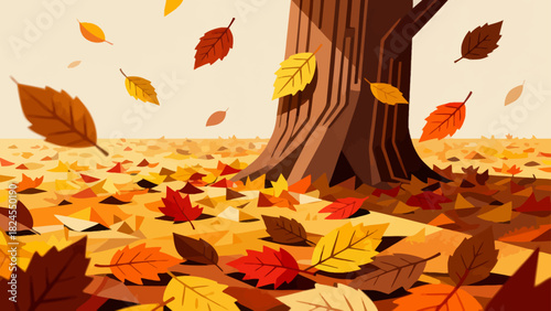 This vibrant autumn illustration features a forest floor covered in golden maple leaves, with falling foliage and tall trees, capturing the warm, serene beauty of the fall season.