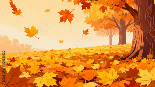 This vibrant autumn illustration features a forest floor covered in golden maple leaves, with falling foliage and tall trees, capturing the warm, serene beauty of the fall season.