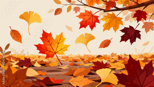 This vibrant autumn illustration features a forest floor covered in golden maple leaves, with falling foliage and tall trees, capturing the warm, serene beauty of the fall season.