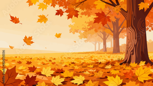 This vibrant autumn illustration features a forest floor covered in golden maple leaves, with falling foliage and tall trees, capturing the warm, serene beauty of the fall season.