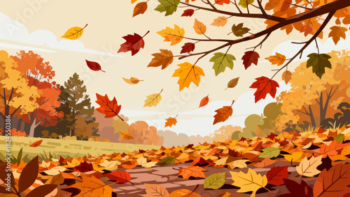 This vibrant autumn illustration features a forest floor covered in golden maple leaves, with falling foliage and tall trees, capturing the warm, serene beauty of the fall season.