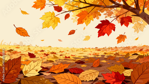 This vibrant autumn illustration features a forest floor covered in golden maple leaves, with falling foliage and tall trees, capturing the warm, serene beauty of the fall season.