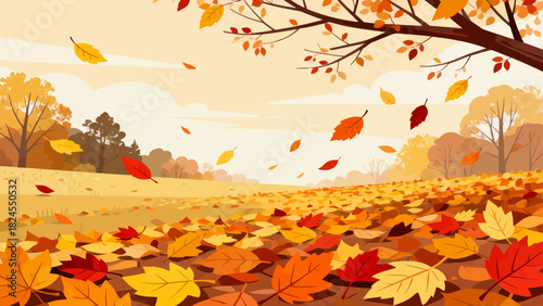 This vibrant autumn illustration features a forest floor covered in golden maple leaves, with falling foliage and tall trees, capturing the warm, serene beauty of the fall season.