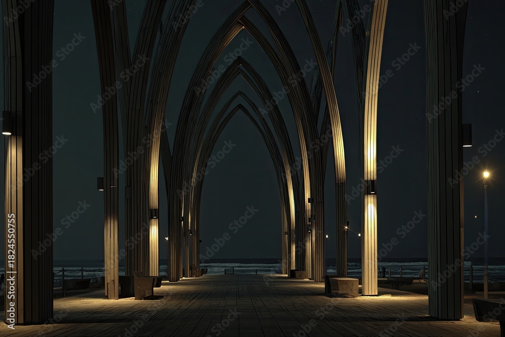 Naklejka premium Architectural nighttime pier with wooden arches and pathway to the horizon under a dim sky