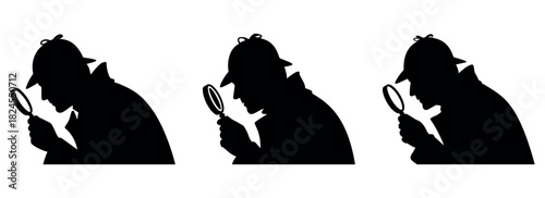 collection of detective silhouettes holding magnifying glasses, ideal for mystery themes, crime search designs, investigation graphics, and forensic, detective silhouette set with magnifying glass 