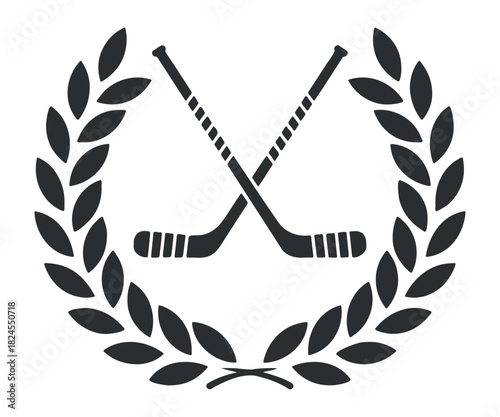 crossed hockey sticks placed within a laurel wreath, perfect for championship logos, athletic awards, sports branding, team graphics, and competitive event, hockey sticks crossed inside laurel wreath 