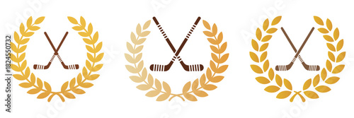 hockey sticks emblem with laurel wreath award, set of hockey stick and puck icons inside laurel wreaths, ideal for sports awards, team emblems, tournament graphics, athletic labels, and championship
