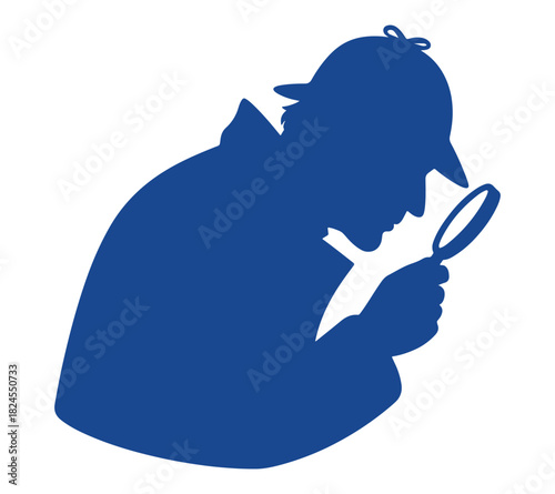 detective silhouette logo with magnifying glass, detailed detective silhouette featuring a magnifying glass, perfect for crime investigation themes, mystery artwork, search concepts, and forensic 
