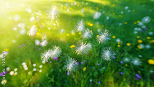 Fototapeta Naklejka Na Ścianę i Meble -  Close-up of fluffy dandelion seeds and small wildflowers in a sunlit green meadow grass