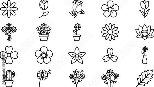 Botanical icons, flower illustrations, plant line art, nature symbols, floral design, potted plants, leaves, cactus, vase, vector