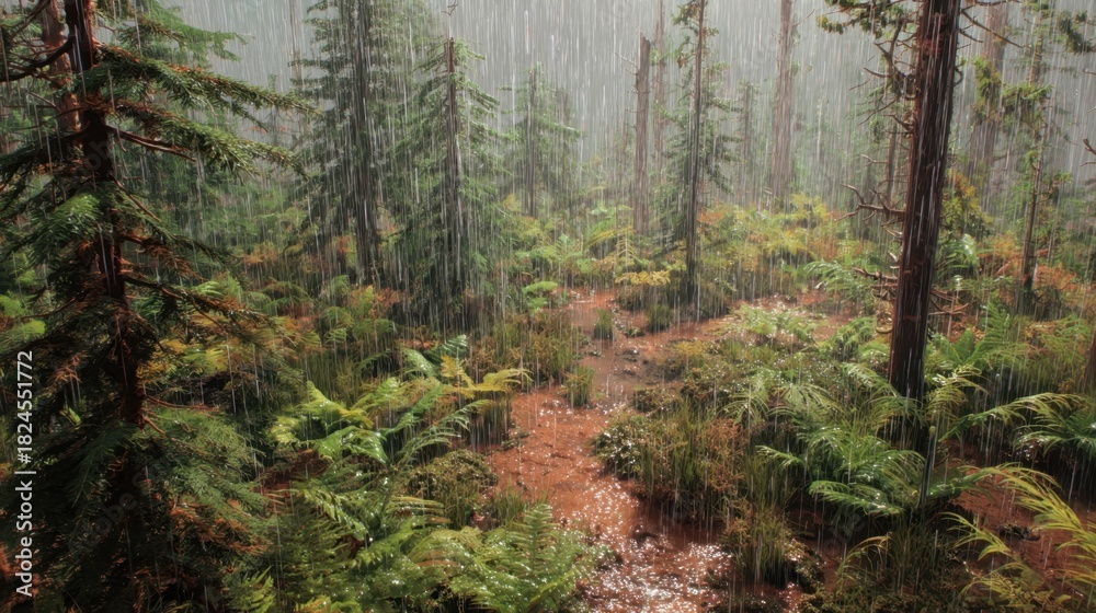 Fototapeta premium Rainforest with Dense Vegetation and Falling Rain in a Tropical Forest Scene