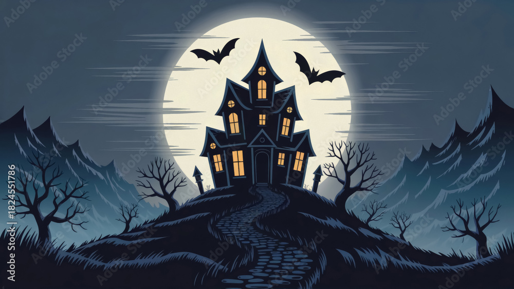 Fototapeta premium Spooky haunted mansion glows under a full moon with bats flying ominously overhead