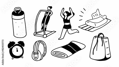 Doodle set of 10 morning gym habits vector illustration scalable icon pack