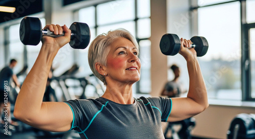 A smiling, fit senior woman with short gray hair performs a shoulder press with dumbbells in a bright, modern gym, demonstrating active aging