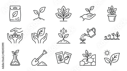 Gardening icons, plant growth, seed packet, watering, sprout care, agriculture, botany, environment, silhouette set, eco, pictogram, nature