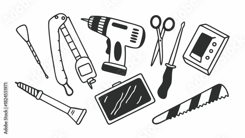 Doodle set of 10 orthopedic tools traction device vector illustration