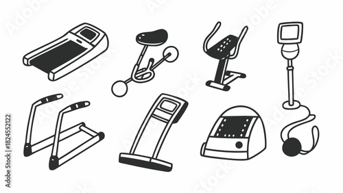 Doodle set of 10 physiotherapy devices vector illustration scalable icon