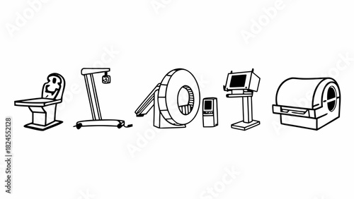 Doodle set of radiology machines x ray mri ct scanner medical equipment vector
