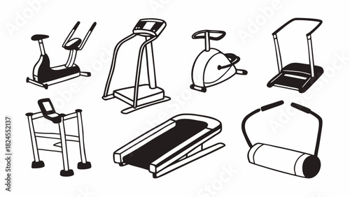 Doodle set of 10 rehabilitation and fitness machines vector illustration scalable icon