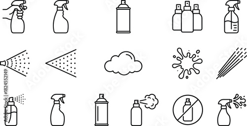 Spray bottle icons, aerosol can, mist pattern, liquid droplets, spraying action, prohibition symbol, cleaning tools, vector line art