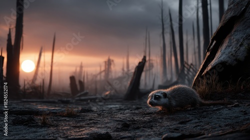 Small Mole Rat in Burned Forest Scene During Sunset with Charred Trees and Rocks