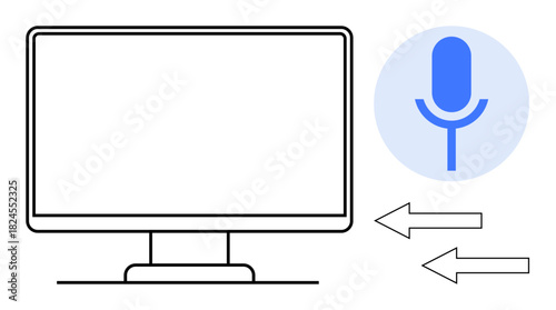 Desktop monitor connected to a microphone indicating voice input and output exchange. Ideal for technology, communication, voice control, user interface, audio technology, digital interaction