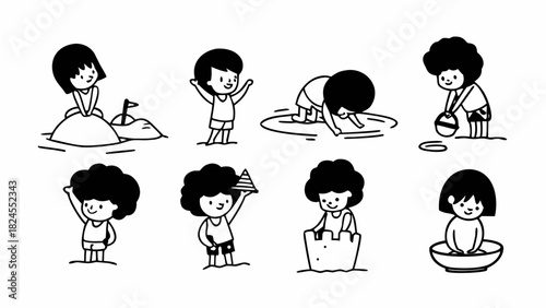 Doodle set of 10 small children building sandcastles vector illustration