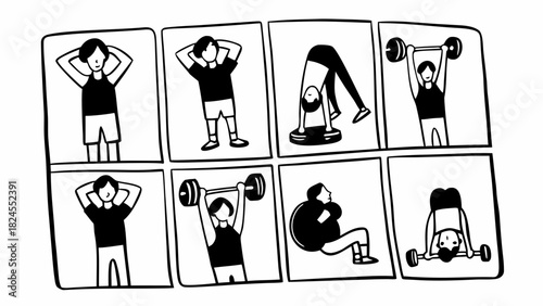 Doodle set of 10 strength training exercises vector illustration scalable eps icon