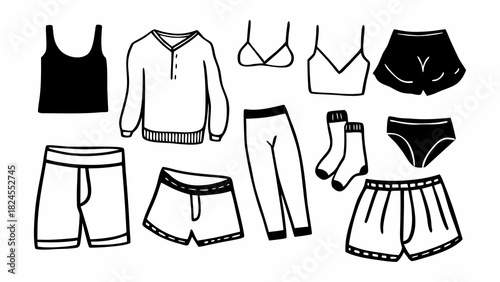 Set of 10 unisex undergarments hand-drawn vector illustration boxer briefs and loungewear
