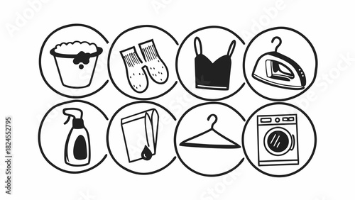 Doodle set of 10 hand-drawn laundry care symbols for washing instructions