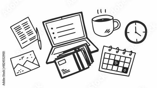 Freelance workstation doodle vector set scalable laptop coffee calendar and mail icons