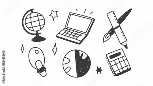 Hand drawn vector doodle set of global design tools and creative elements