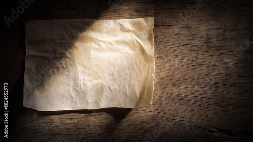 Crinkled Aged Parchment on Dark Rustic Wood: Blank Vintage Sheet for Historical Manuscripts & Calligraphy Projects