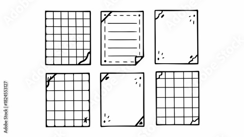 Set of 6 textured graph paper illustrations with torn outlines vector graphics