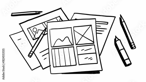 Rough pencil sketching set of ui ux design wireframes and layouts vector art