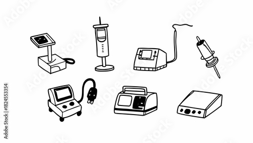 Hand drawn vector icons of icu medical equipment and machines for healthcare illustration