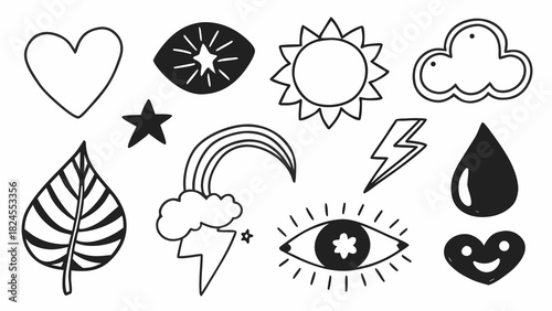 Doodle style vector icon set heart star cloud sun lightning drop