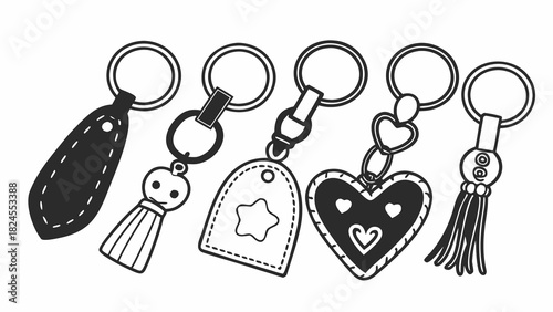 Doodle set of 10 keychains leather tag metal rings vector illustration