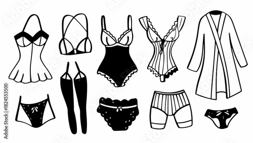 Hand drawn vector illustration set of 10 lace lingerie items scalable eps icon