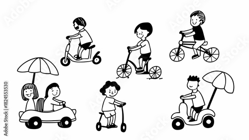 Cute doodle children riding bicycles scooters cars fun outdoor activities vector illustration