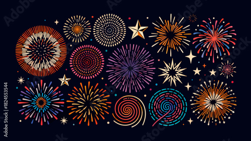 This vibrant illustration features colorful fireworks, stars, and a crescent moon against a dark night sky, capturing the festive and magical atmosphere of a celebration.