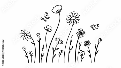 Hand-drawn meadow flowers and butterflies vector illustration scalable for design projects