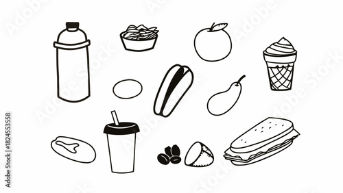 Hand drawn doodle icons set protein foods drinks fitness nutrition scalable vector illustration