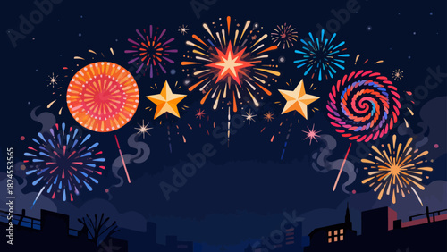 This vibrant illustration features colorful fireworks, stars, and a crescent moon against a dark night sky, capturing the festive and magical atmosphere of a celebration.