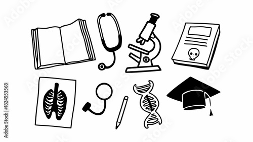 Hand drawn medical education icons set for science and healthcare learning