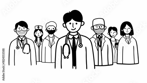 Doodle set of diverse medical professionals in line art style vector illustration