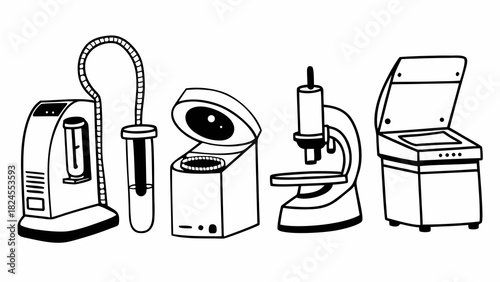 Doodle medical testing machines set vector illustration science healthcare laboratory equipment