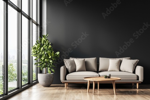 Modern living room interior with dark wall, beige sofa, wood table, potted plant, natural window light, and clean minimal layout, idea for home design and interior visuals