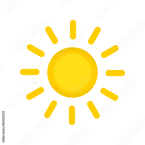 Sun icon. Bright yellow sol symbol with rays in childish simple style.ai