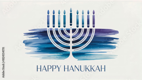 Celebrate Hanukkah with a vibrant menorah and festive blue watercolor brush strokes wishing joy